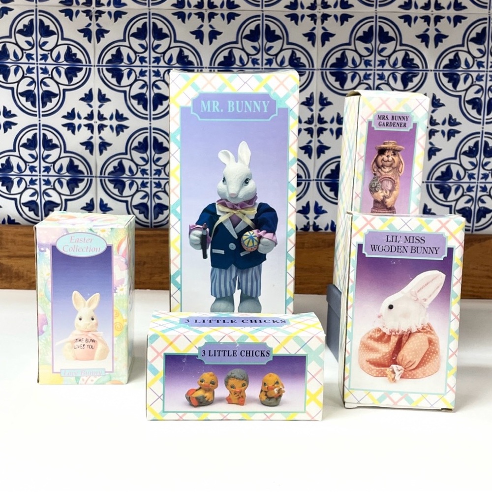 Magic Creations Vintage 90s Easter Bunny Figurine Bundle 7pc Spring Decor